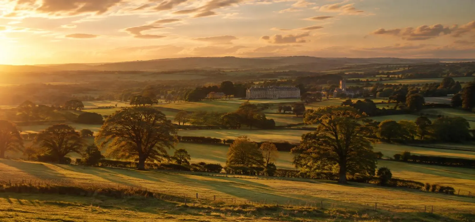 Outstanding British countryside and traditional field sports Sweeping British countryside with hedged fields and ancient oaks at golden hour